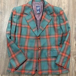 Vintage GAP Wool Plaid Blazer Green Orange-Red Tartan Shoulder Pads Size 12